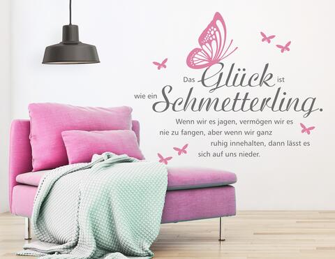 Wandtattoo Schmetterling Glück mit schönem Zitat.